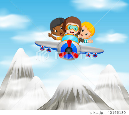 three boy riding a plane over mountain three boy riding a plane over mountain 40166180