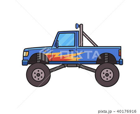 Big wheel monster truck decorated with fire pattern. Bigfoot truck. Isolated image on white Big wheel monster truck decorated with fire pattern. Bigfoot truck. Isolated image on white 40176916