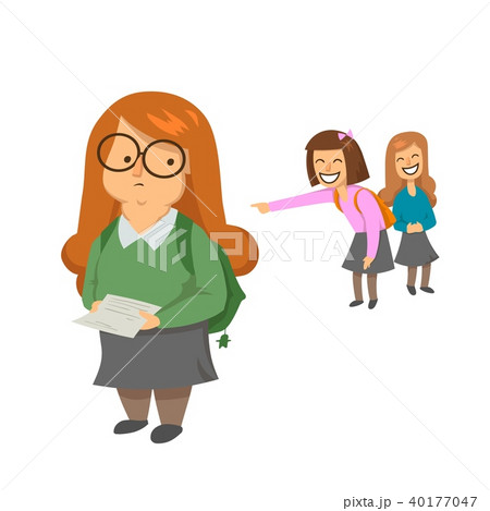 Schoolgirls laughing and pointing at obese girl in green sweater. Body shaming, fat shaming. Bulling Schoolgirls laughing and pointing at obese girl in green sweater. Body shaming, fat shaming. Bulling 40177047