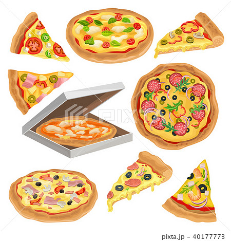 Flat Vector Set Of Round Pizza Triangle Slice のイラスト素材