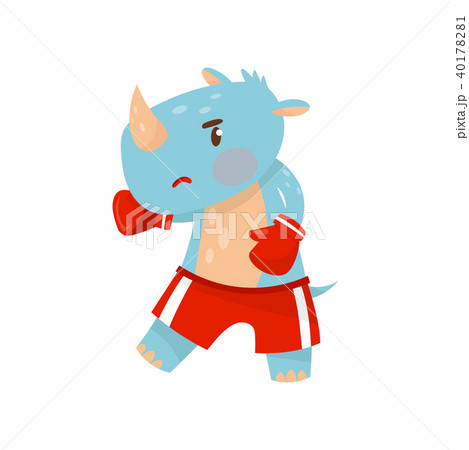 Blue humanized rhinoceros in red boxing gloves. Funny boxer. Active workout. Wild animal with horn 40178281