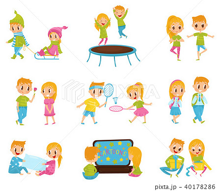 Flat vector set with cute little boy and girl in different actions. Jumping on trampoline, watching Flat vector set with cute little boy and girl in different actions. Jumping on trampoline, watching 40178286