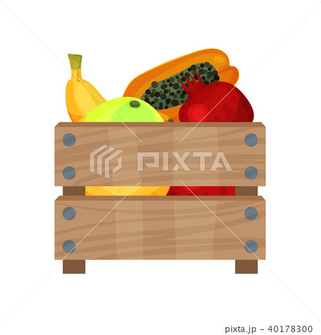 Wooden box full of fresh fruits. Ripe pomelo, bananas, pawpaw and pomegranate. Natural and healthy Wooden box full of fresh fruits. Ripe pomelo, bananas, pawpaw and pomegranate. Natural and healthy 40178300