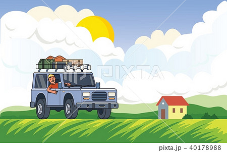 SUV car with luggage on the roof and smiling guy behind the wheel on rural landscape background with SUV car with luggage on the roof and smiling guy behind the wheel on rural landscape background with 40178988