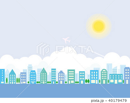 街並み　飛行機　入道雲　太陽 40179479