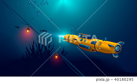 Autonomous underwater drone or robot with camera exploration seabed. Seabed underwater and rays of 40180295