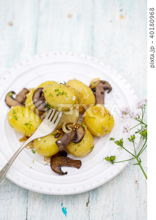 potato with mushrooms on the fork potato with mushrooms on the fork 40180968