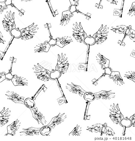 Flying magic keys, vector seamless pattern. Bird's beautiful win 40181648