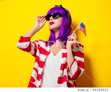 girl with purple hair holding United States flag girl with purple hair holding United States flag 40184031