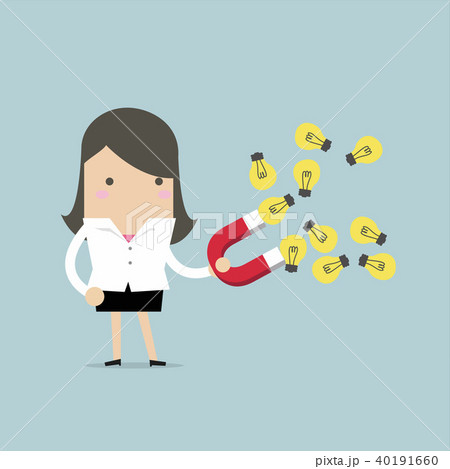 Businesswoman attracted idea bulbs with magnet. Businesswoman attracted idea bulbs with magnet. 40191660