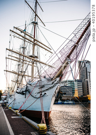 old sailing ship, frigate at anchor in the port 40195378