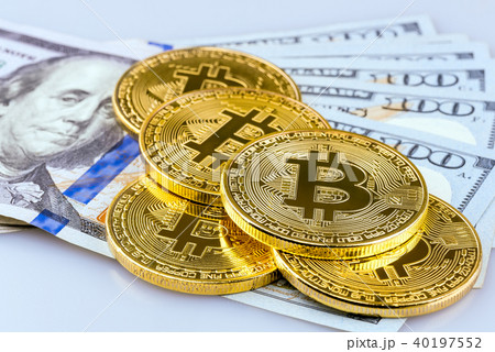 Bitcoin putting on US Dollar bank background. 40197552