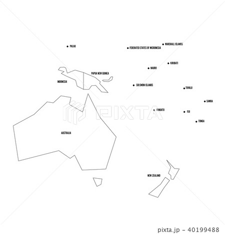 Political map of Australia and Oceania. Simplified thin black wireframe outline with national Political map of Australia and Oceania. Simplified thin black wireframe outline with national 40199488