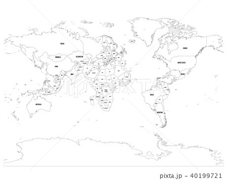 Horizontally flipped political map of World. Mirror reflection. Thin black outline vector 40199721
