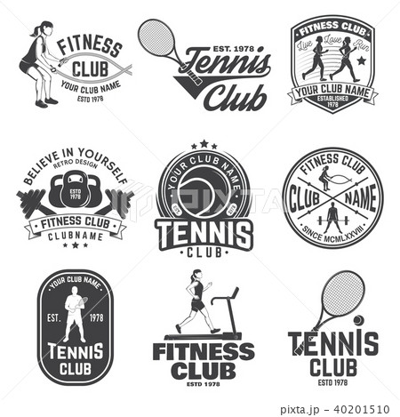 Set of fitness and tennis club concept with girls doing exercise and tennis player silhouette. 40201510