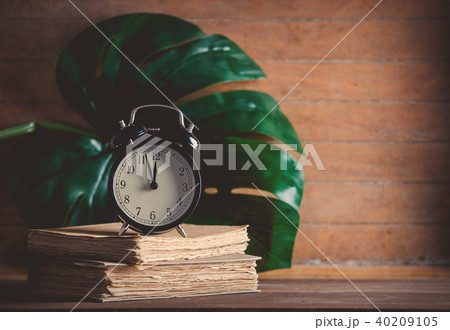Little alarm clock and books with palm leaf 40209105