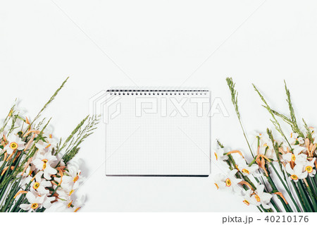 Beautiful white flowers and an open blank notebook Beautiful white flowers and an open blank notebook 40210176