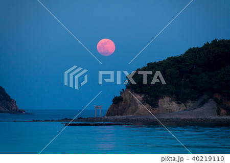 海の鳥居のある夜景と満月 40219110