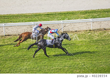 Galloping race horses and jockeys  40226554