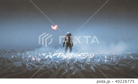 astronaut standing among flock of bird astronaut standing among flock of bird 40226775