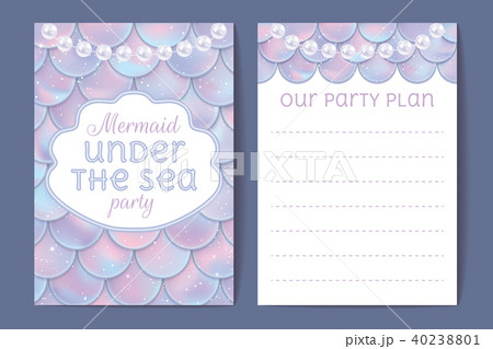Party invitation. Holographic fish or mermaid scales, pearls and frame. Vector illustration 40238801
