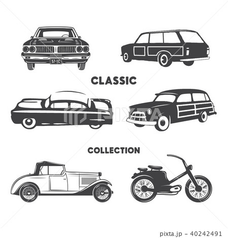Classic cars, vintage car icons, symbols set.Vintage hand drawn cars, muscle, motorcycle elements 40242491