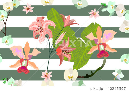 Seamless botanical print with tropical motifs.  Seamless botanical print with tropical motifs.  40245597