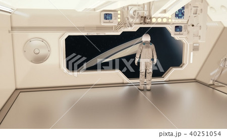 An astronaut on a spaceship watching the saturn. 3D rendering An astronaut on a spaceship watching the saturn. 3D rendering 40251054