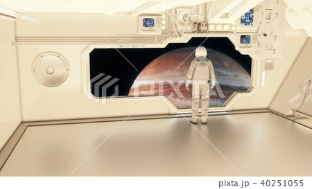 An astronaut on a spaceship watching the jupiter. 3D rendering 40251055
