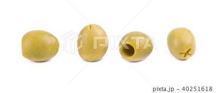 Pitted and marinated green olives isolated on white background. Pitted and marinated green olives isolated on white background. 40251618