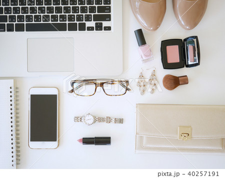 flat lay woman workplace with laptop ,smart phone 40257191