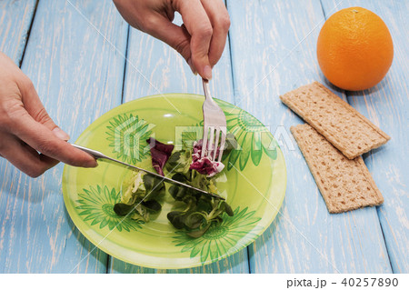 Delicious salad of green herbs on a plate. The concept of proper nutrition. Diet Delicious salad of green herbs on a plate. The concept of proper nutrition. Diet 40257890