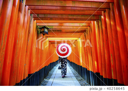 伏見稲荷大社 千本鳥居 和傘をさす女性 40258645