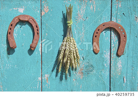 wheat bunch and two horseshoe luck symbol on wall 40259735