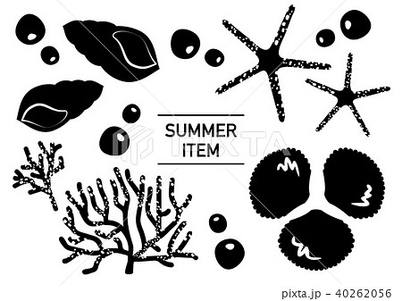 貝殻と珊瑚とヒトデのシルエットのイラスト素材