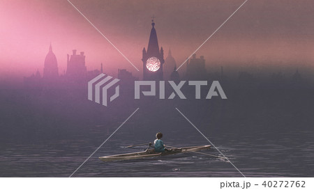 Boy rowing a boat in the sea 40272762