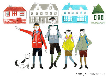 民宿を出発して登山に向かう家族と犬のイラスト素材