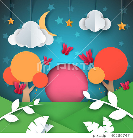 Cartoon paper landscape. Cloud, star, moon, tree illustration. 40286747