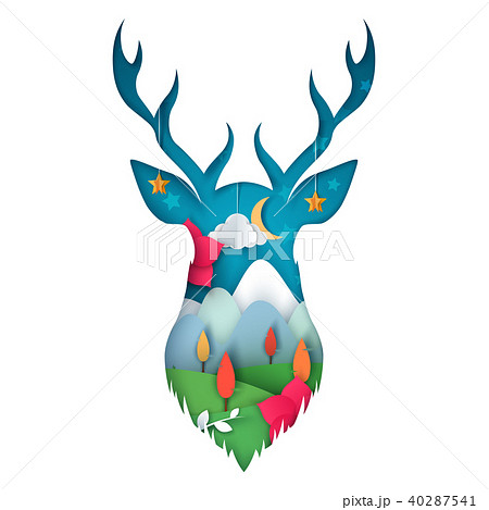 Deer illustration. Cartoon paper landscape. Deer illustration. Cartoon paper landscape. 40287541