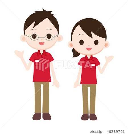 赤ポロシャツ制服の店員男女 案内のイラスト素材