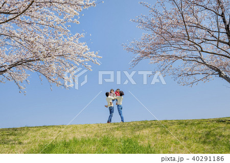 桜の咲く土手で遊ぶ4人家族 40291186
