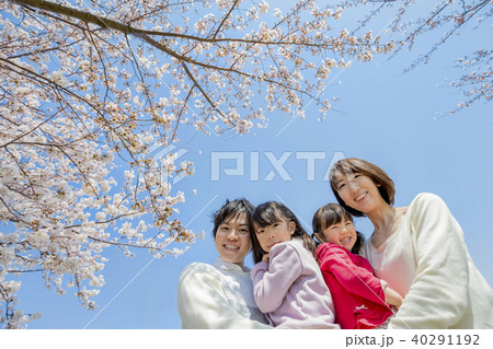桜の咲く土手で遊ぶ4人家族 40291192