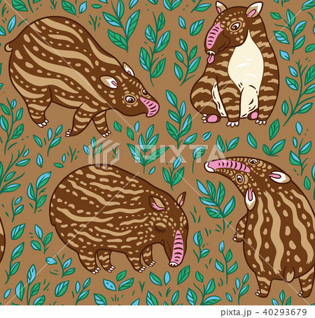 Cartoon tapirs seamless pattern. Brown tapirs with light stripes in the leafs. Vector illustration Cartoon tapirs seamless pattern. Brown tapirs with light stripes in the leafs. Vector illustration 40293679