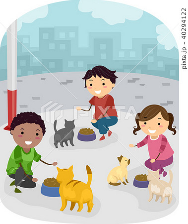 Stickman Kids Feed Stray Cats Illustration - Stock Illustration [40294122]  - PIXTA