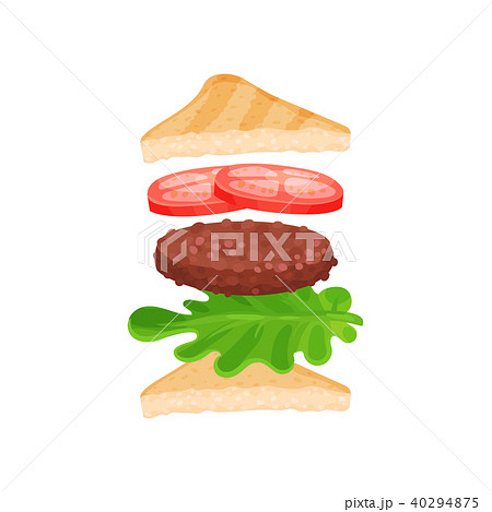 Triangle sandwich with ingredients fresh tomatoes, cutlet and lettuce leaf. Delicious fast food 40294875
