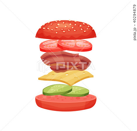 Delicious burger with flying ingredients red buns, cucumbers, cheese slice, bacon and tomatoes. Fast 40294879