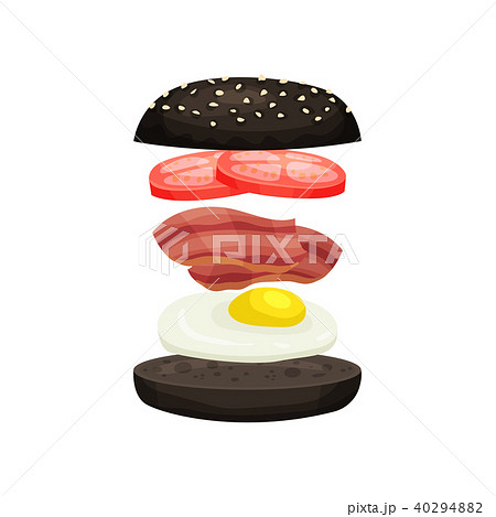 Burger from black bun with sesame, fresh tomatoes, bacon and fried egg. Tasty fast food. Flat vector Burger from black bun with sesame, fresh tomatoes, bacon and fried egg. Tasty fast food. Flat vector 40294882