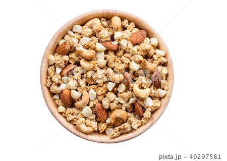 Close up top view granola in the bowl on isolated 40297581