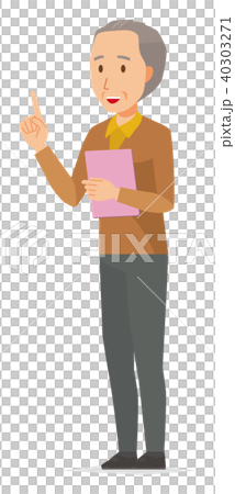 茶色い服を着た高齢男性がファイルを持って指差ししている 40303271