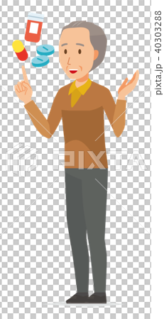 茶色い服を着た高齢男性が医薬品について説明している 40303288
